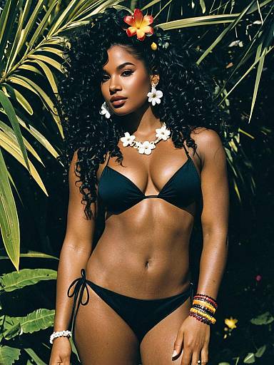 Euphoria Cassie Inspired Dark Skinned Woman in Black Bikini with Tropical Flowers