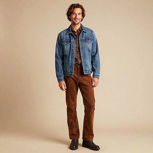 Man in Denim Jacket and Brown Corduroy Pants Casual Fashion