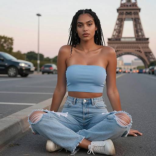 Young Woman in Casual Fashion Sitting Near Eiffel Tower Paris