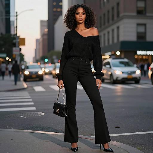 Elegant Woman in Black Urban Outfit Standing on City Street
