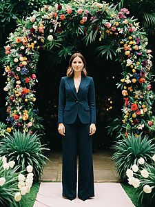 Woman in Navy Blue Suit Standing Under Floral Arch