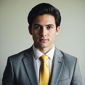 Young Man in Semi-Formal Gray Suit with Yellow Necktie