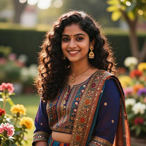 Young Woman in Traditional Indian Attire Smiling Outdoors in Garden