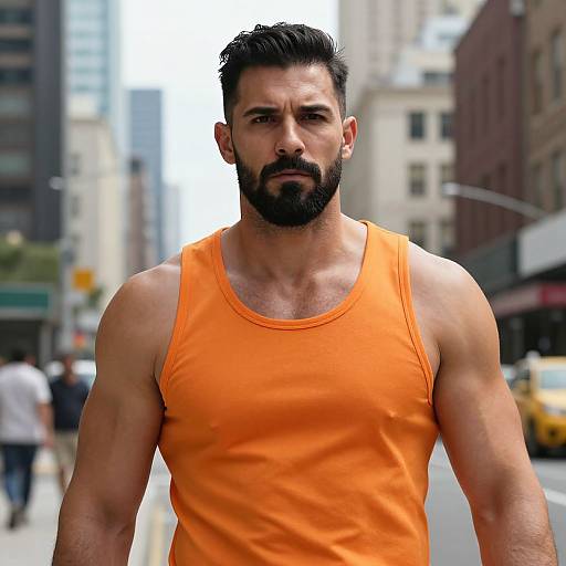 Muscular Man in Orange Tank Top on City Street