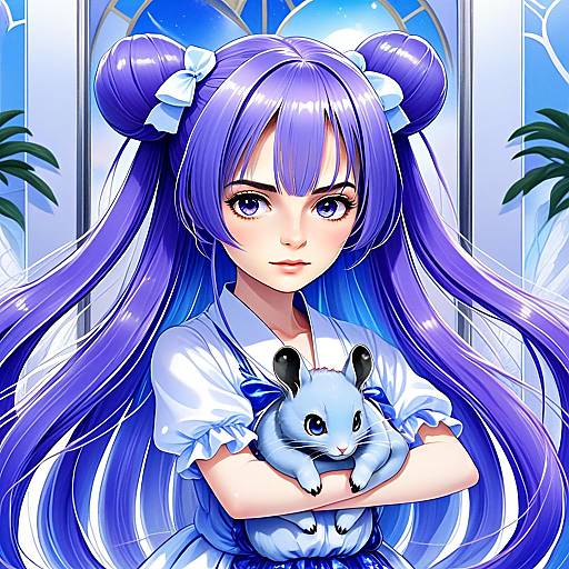 Anime Girl with Long Purple Hair Holding Cute Blue Hamster Digital Art