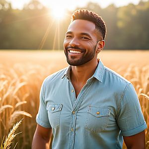 Smiling Man in Wheat Field at Sunset