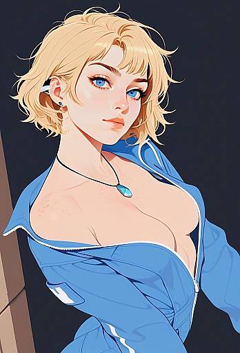 Anime Style Digital Portrait of Blonde Woman in Blue Jacket