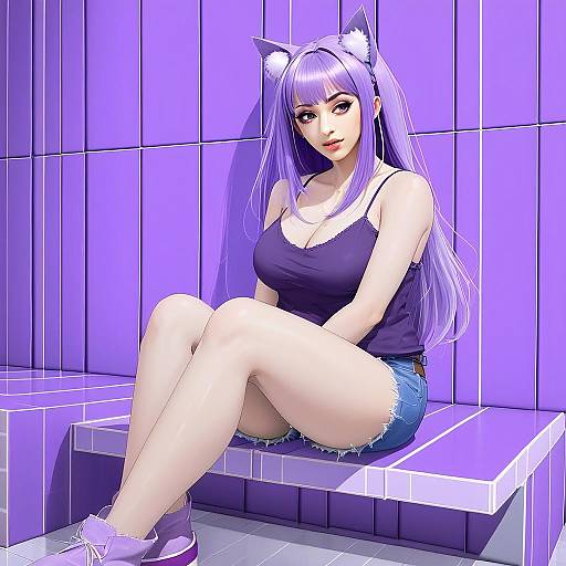 Anime Style Woman with Lavender Hair and Cat Ears Sitting on Purple Bench
