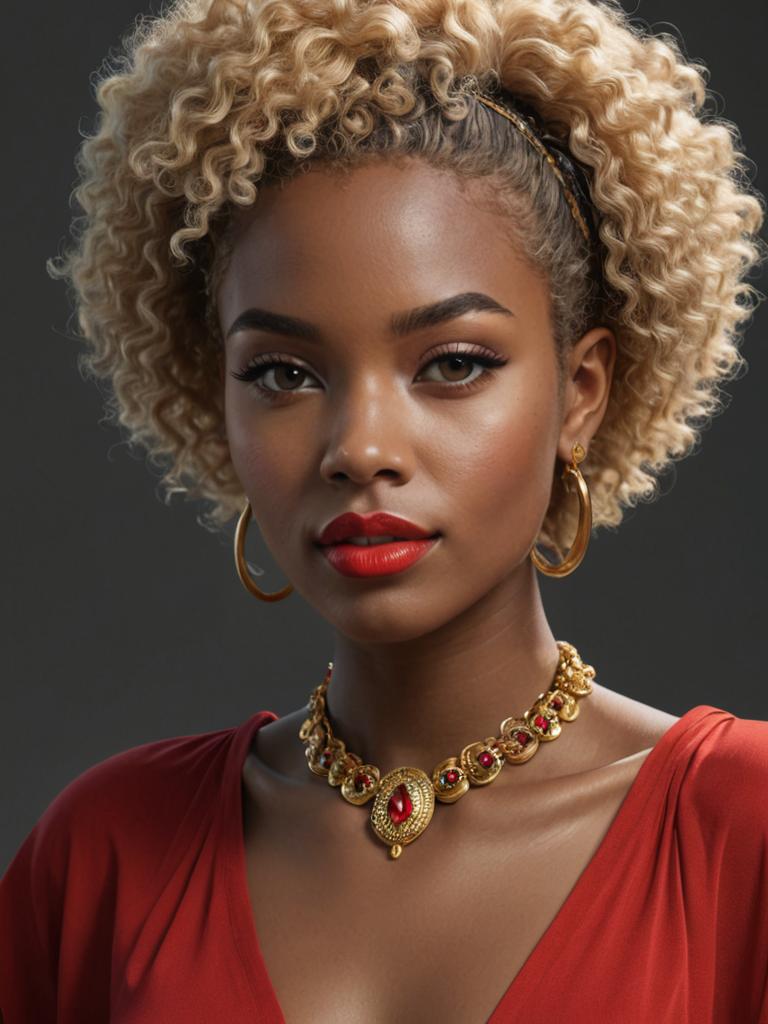 Artistic Portrait of Young Woman with Blonde Afro and Red Lips