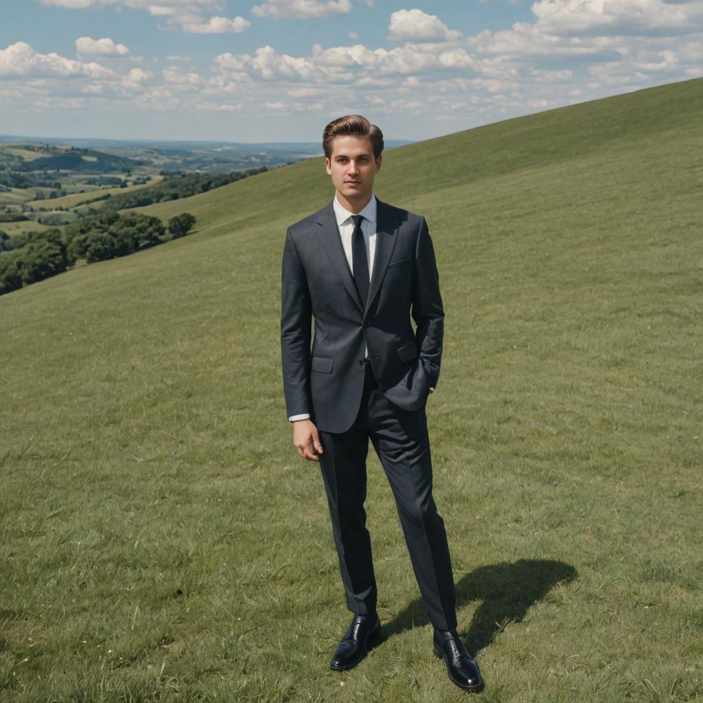 Confident Man in Suit on Rolling Hills