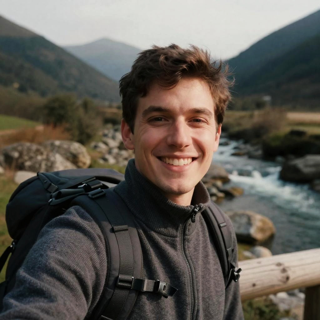 Young Man Hiking Selfie in Mountainous River Landscape