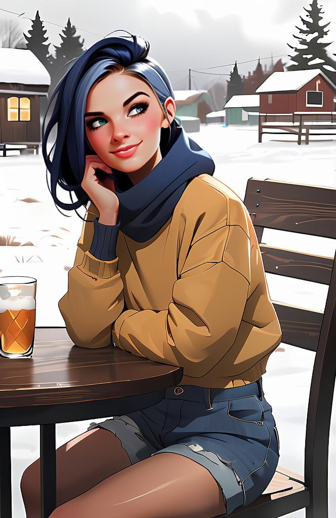 Stylish Woman at Outdoor Café in Winter Landscape