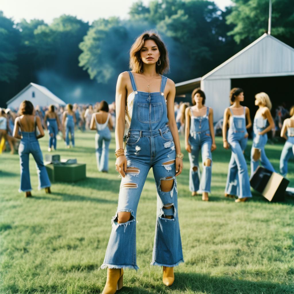 Stylish Woman in Ripped Denim Overalls at Outdoor Festival