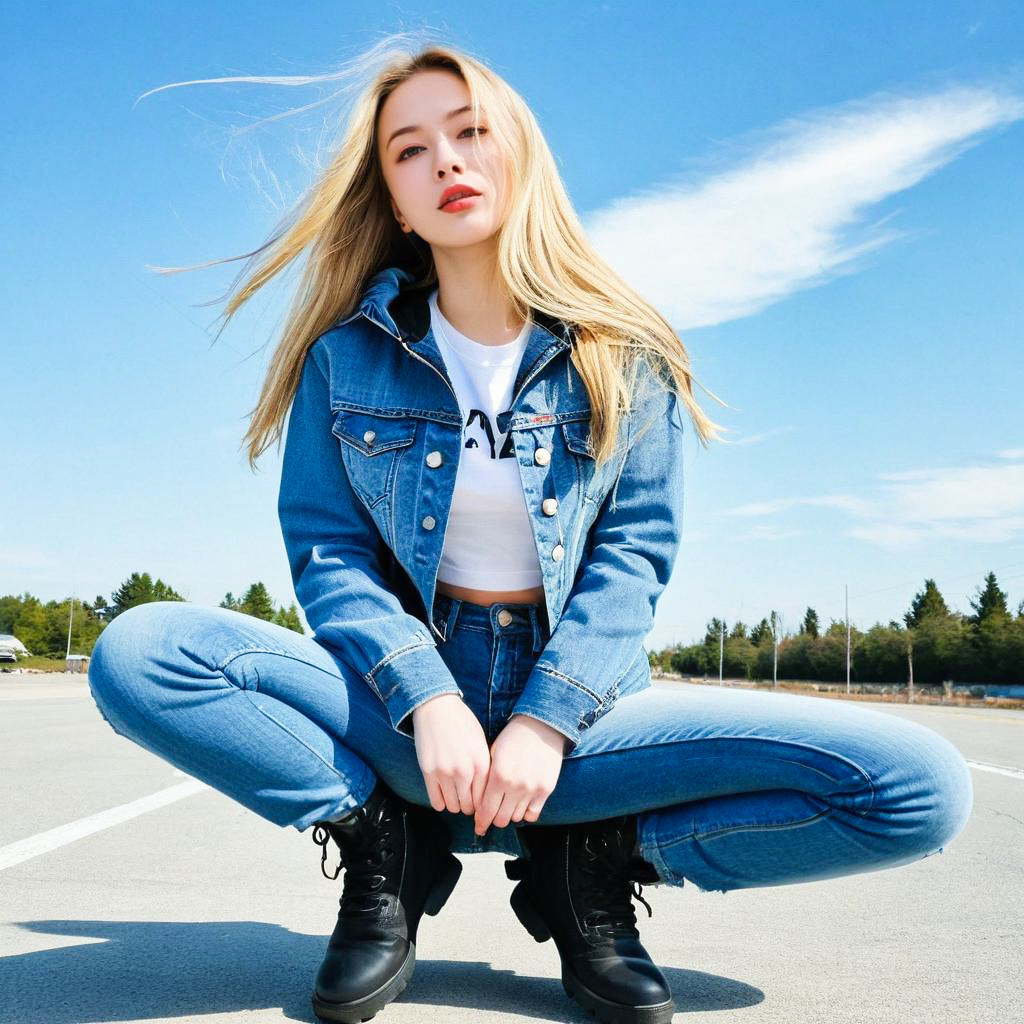 Young Woman in Denim Outfit Under Blue Sky