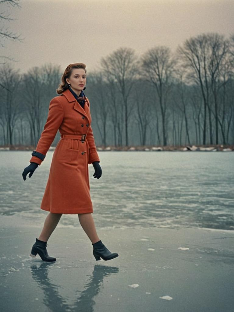 Woman in vintage orange coat on frozen landscape