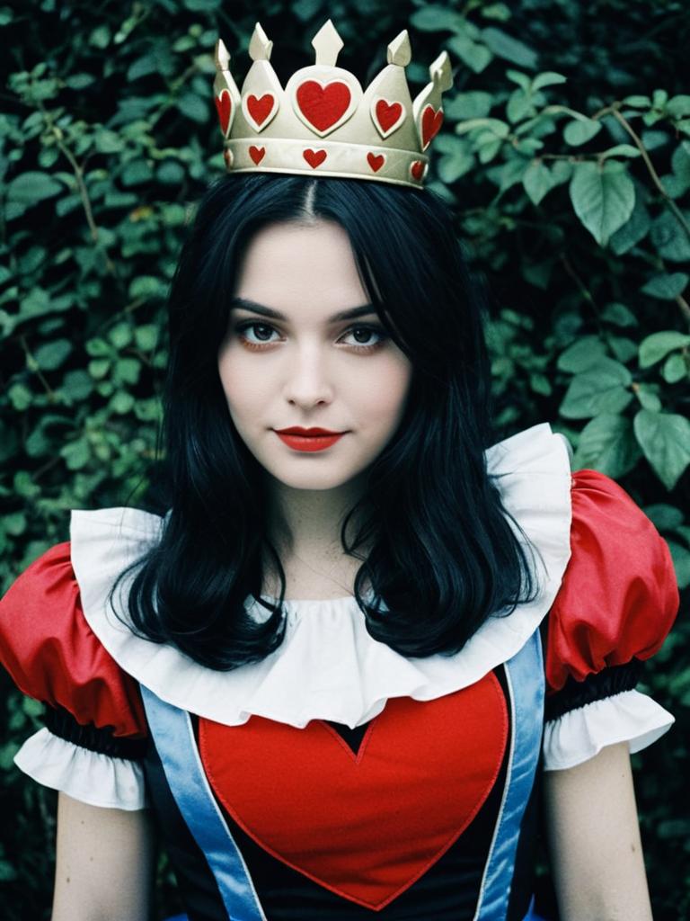 Woman in King of Hearts Costume with Crown and Red Dress