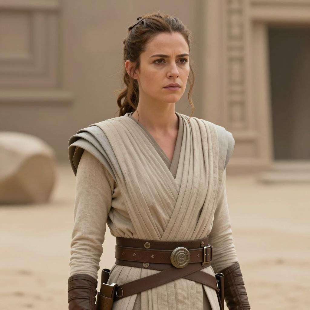 Woman in Beige Sci-Fi Warrior Costume in Desert Setting