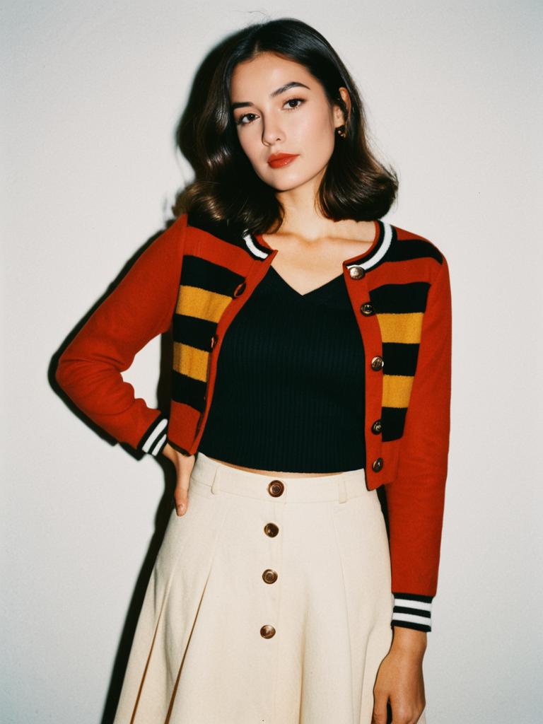 Contemporary Casual Woman in Terracotta Red Cropped Jacket and High-Waisted Cream Skirt