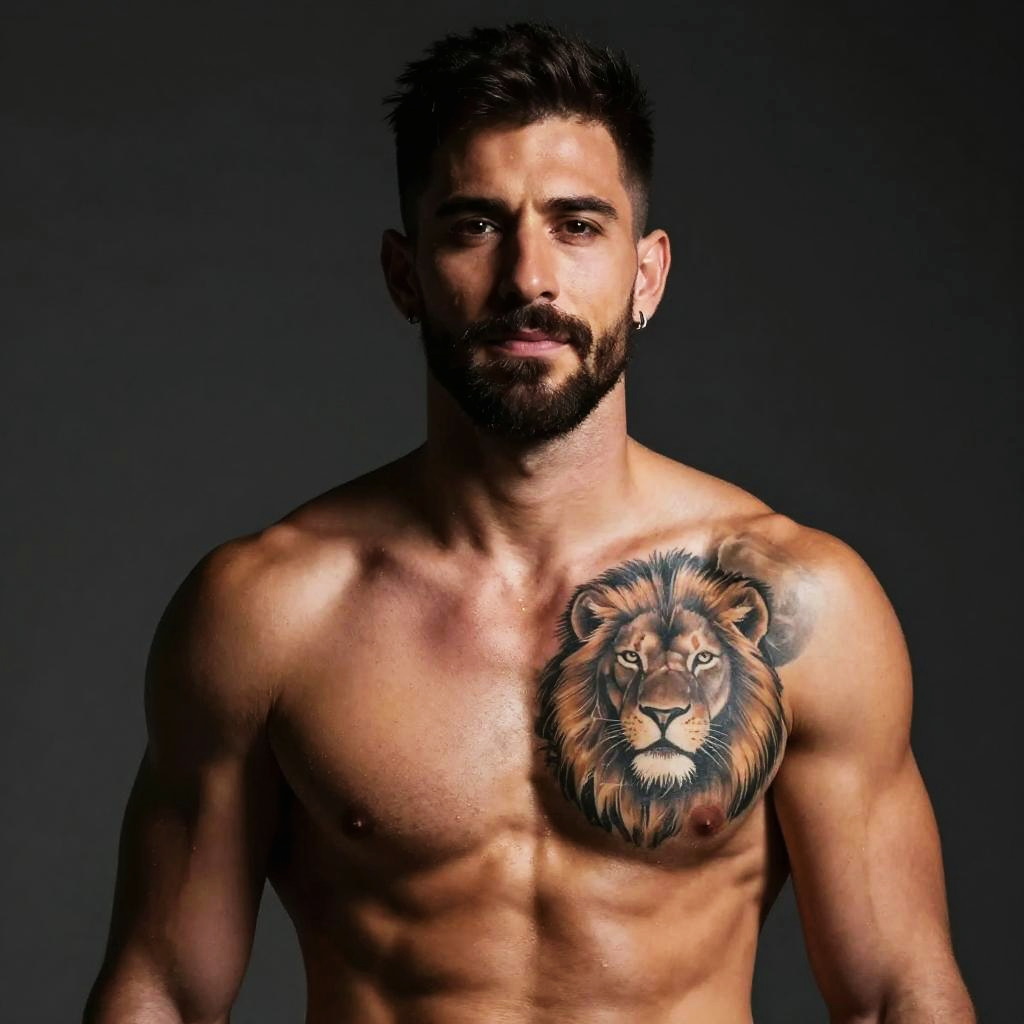 Shirtless Man with Realistic Lion Chest Tattoo and Beard