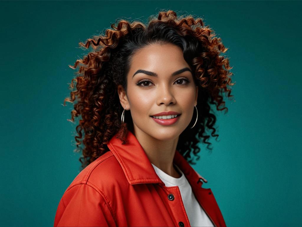 Confident Woman with Curly Hair in Red Jacket