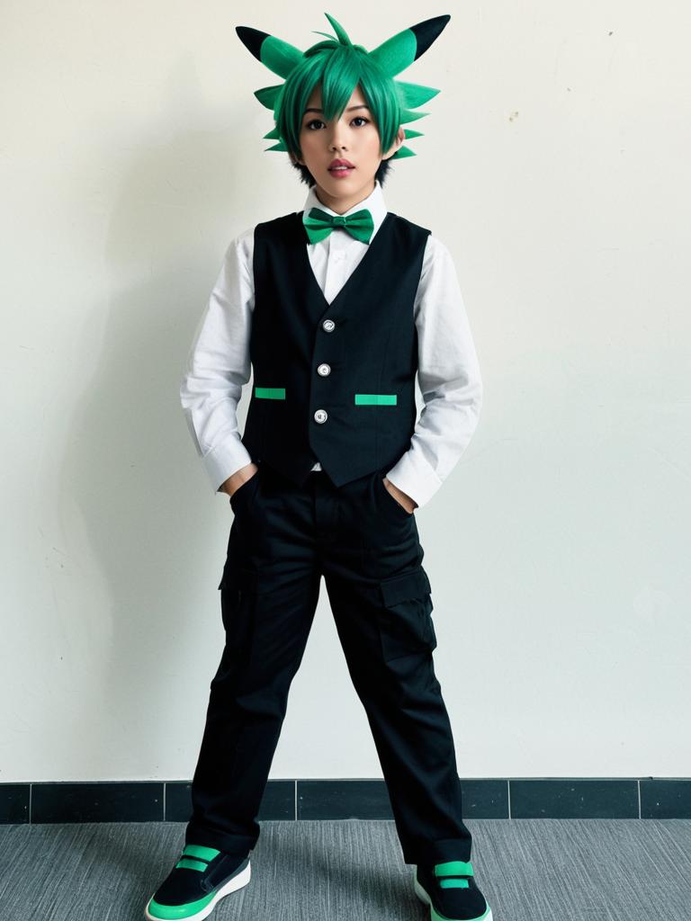Cilan Pokémon Cosplay with Green Wig and Formal Attire
