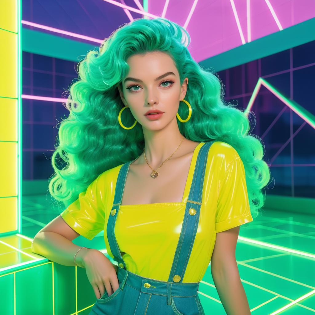 Vibrant woman with teal hair in neon backdrop