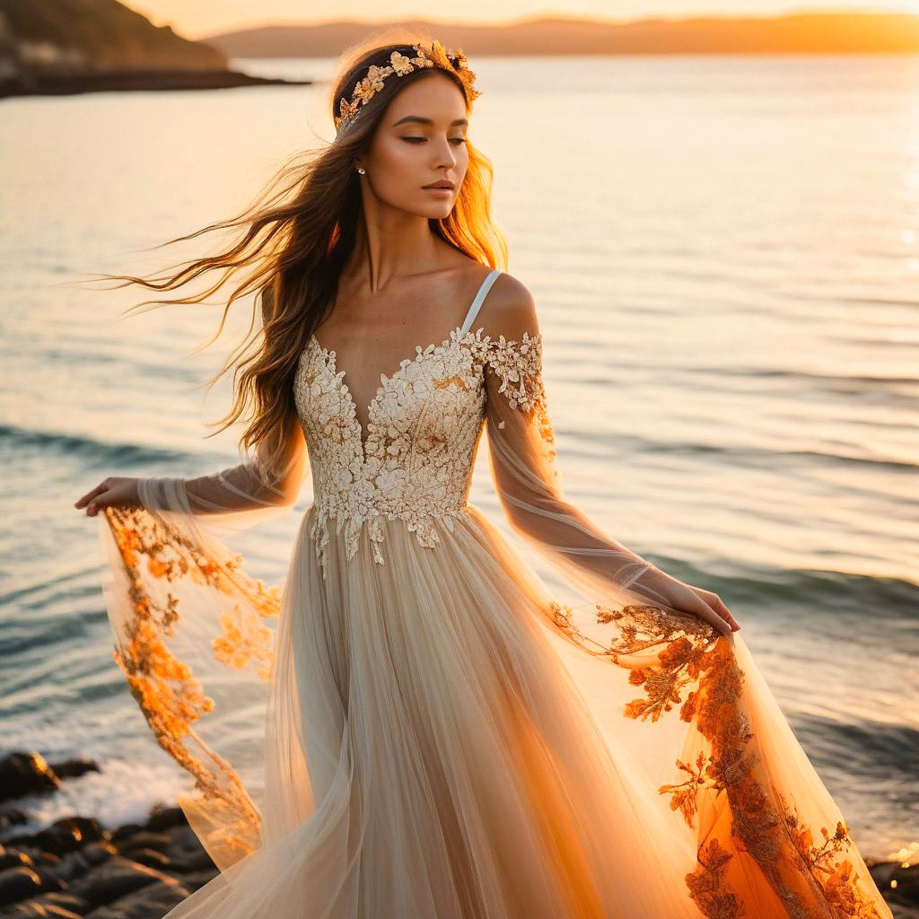Serene Woman by Ocean at Sunset in Elegant Gown