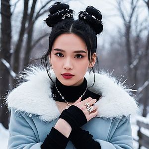 Stylish Woman in Winter Forest with Blue Coat and Snowflakes