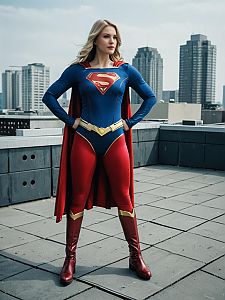 Woman in Supergirl Costume Full Body Cosplay on Urban Rooftop