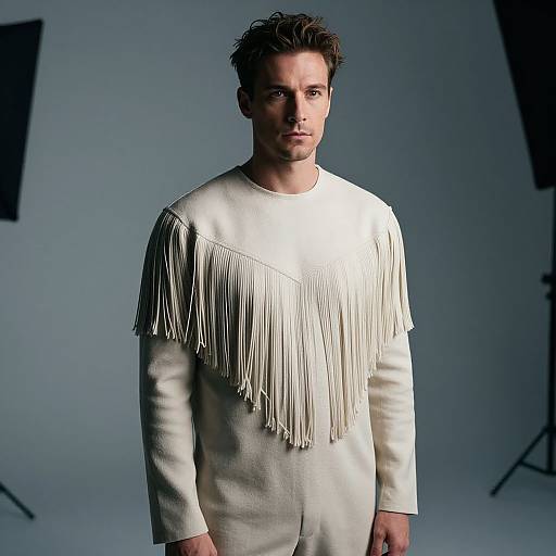 Man Wearing Beige Fringe Sweater in Studio Portrait
