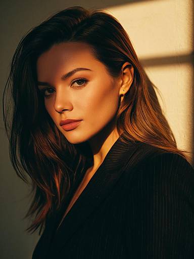 Confident Woman in Black Pinstripe Blazer with Dramatic Warm Lighting