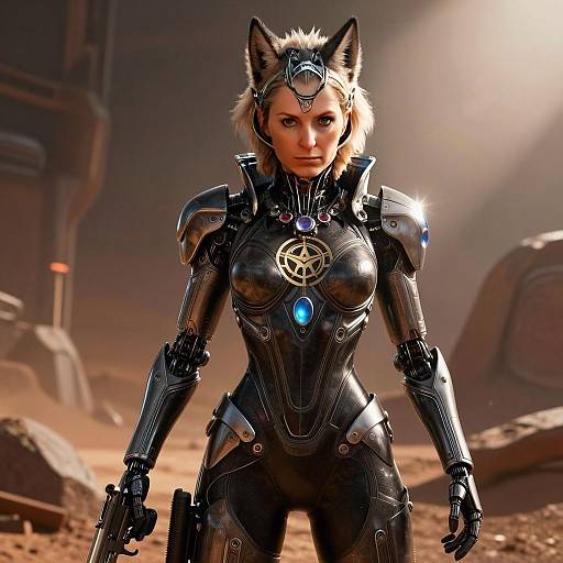 Futuristic Woman Warrior in Cybernetic Armor with Wolf Ears in Desert Landscape
