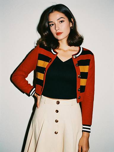 Contemporary Casual Woman in Terracotta Red Cropped Jacket and High-Waisted Cream Skirt