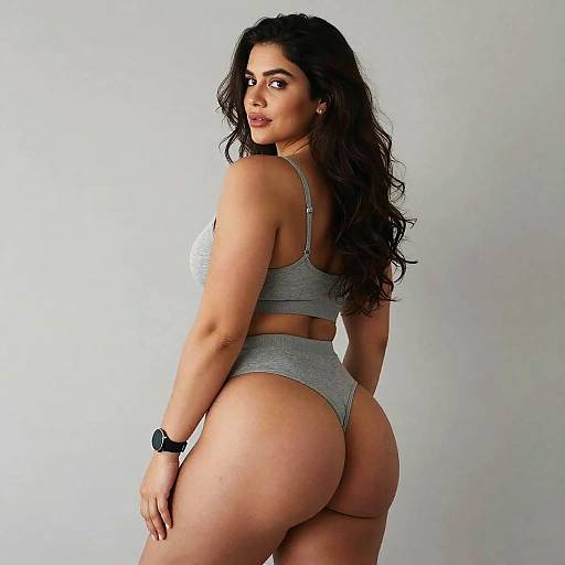 Confident Woman in Grey Lingerie Set Posing Against Neutral Background