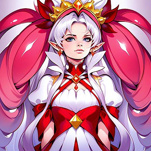 Elegant Anime Woman with White Hair and Ornate Crown in Red and White Outfit