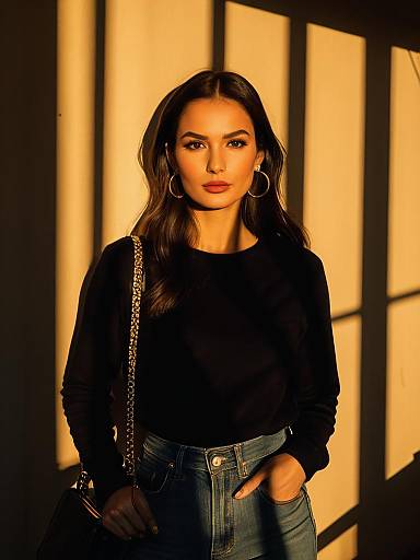 Woman in Casual Streetwear Black Long Sleeve Top with Blue Jeans and Hoop Earrings