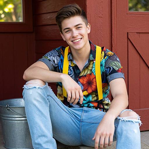 Young Man Wearing Floral Shirt and Yellow Suspenders Sitting Outdoors