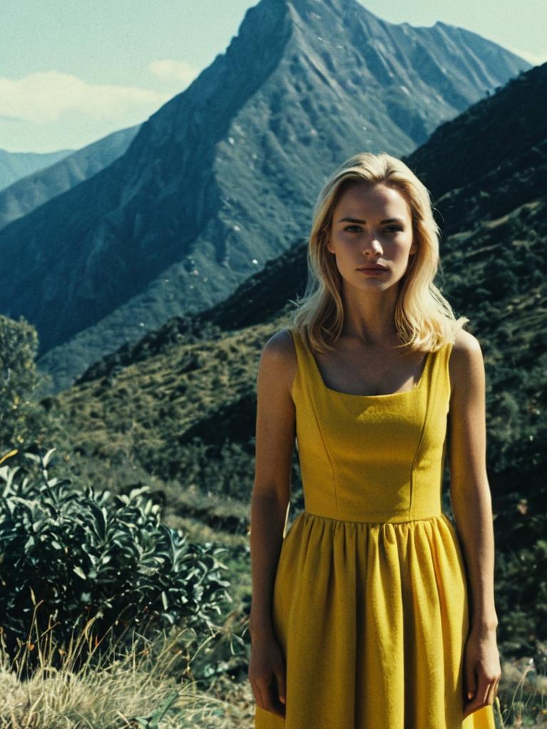Young Woman in Yellow Dress Outdoors with Mountain Landscape