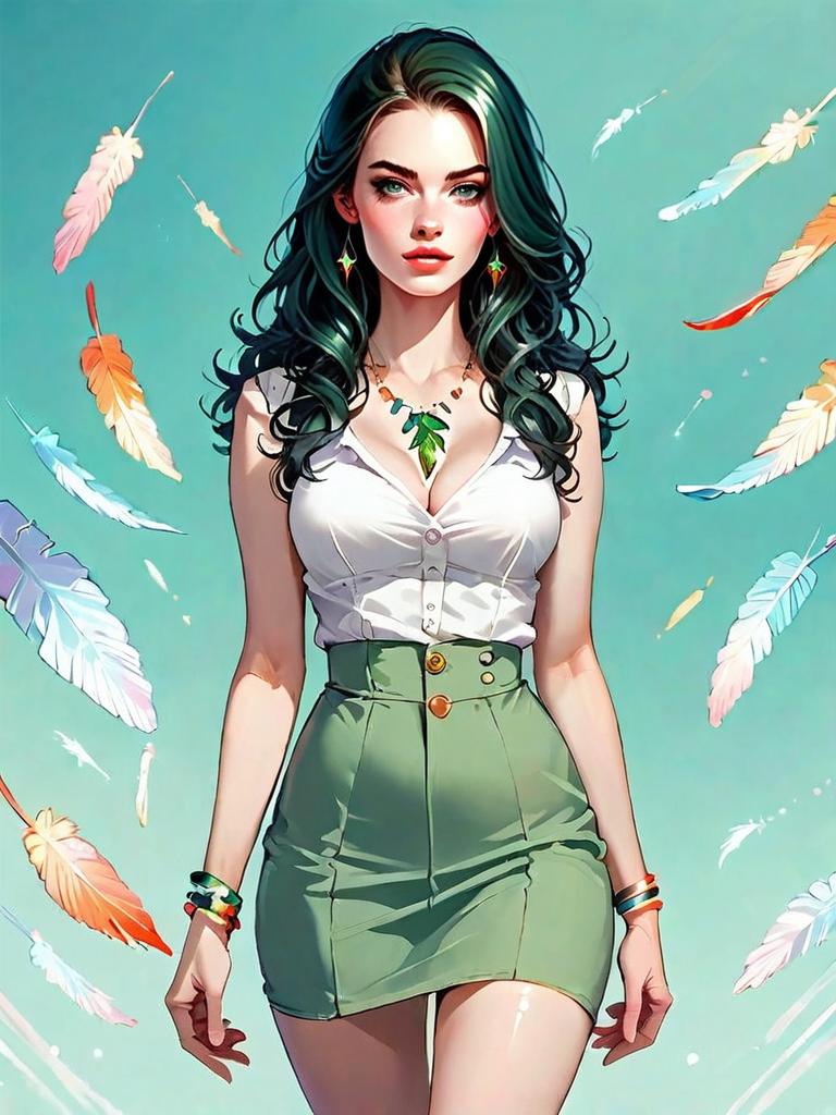 Realistic Bohemian Woman with Feather Motifs Full Body Illustration