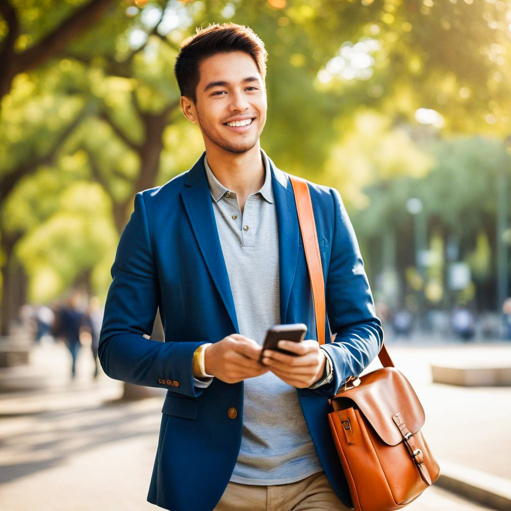 Young Man in Blue Blazer with Smartphone in Park