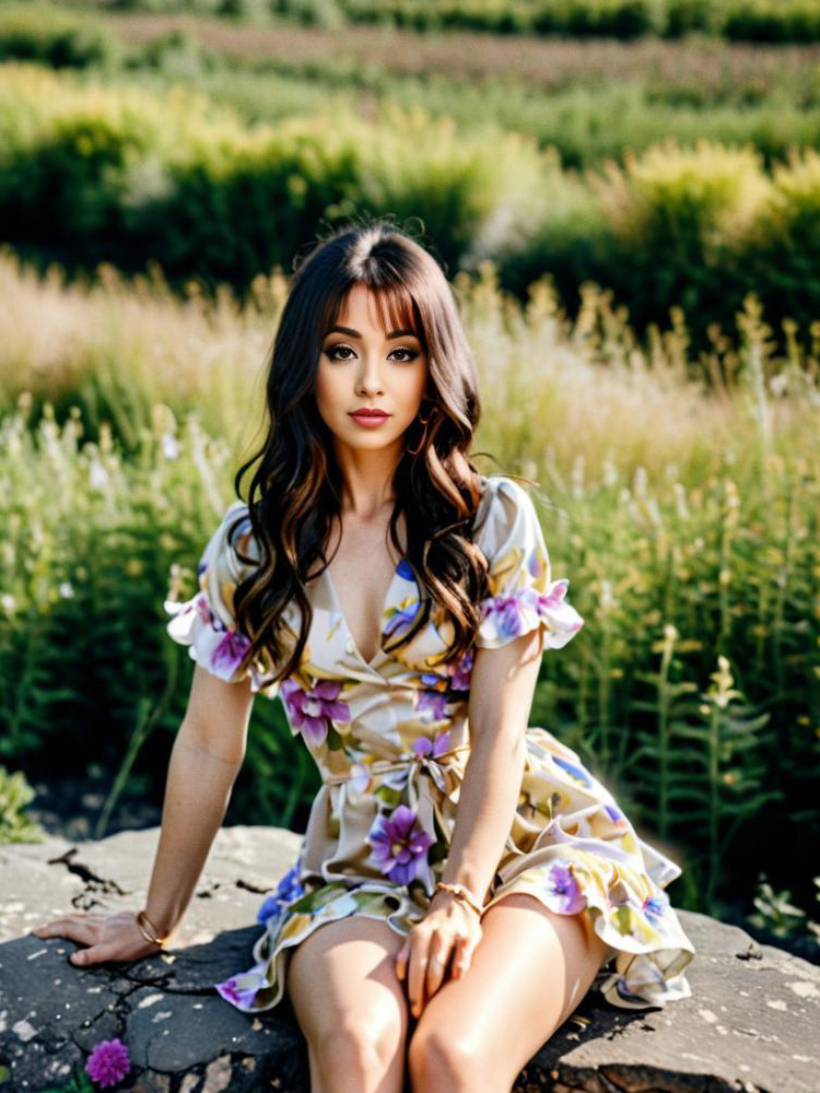 Elegant Woman in Floral Dress on Rock