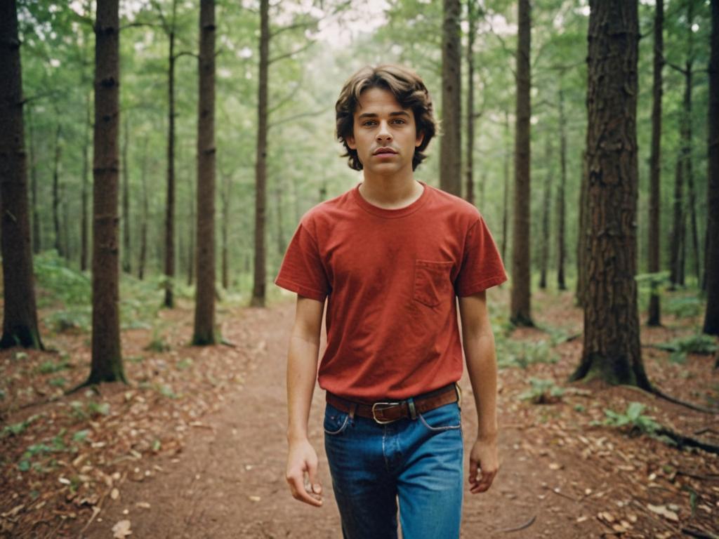 Teenager in Red Shirt in Woodland Setting