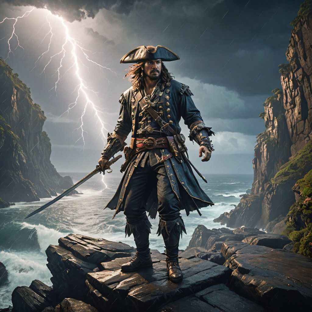 Dramatic Pirate Scene on Rocky Shore Dramatic Pirate Scene on Rocky Shore