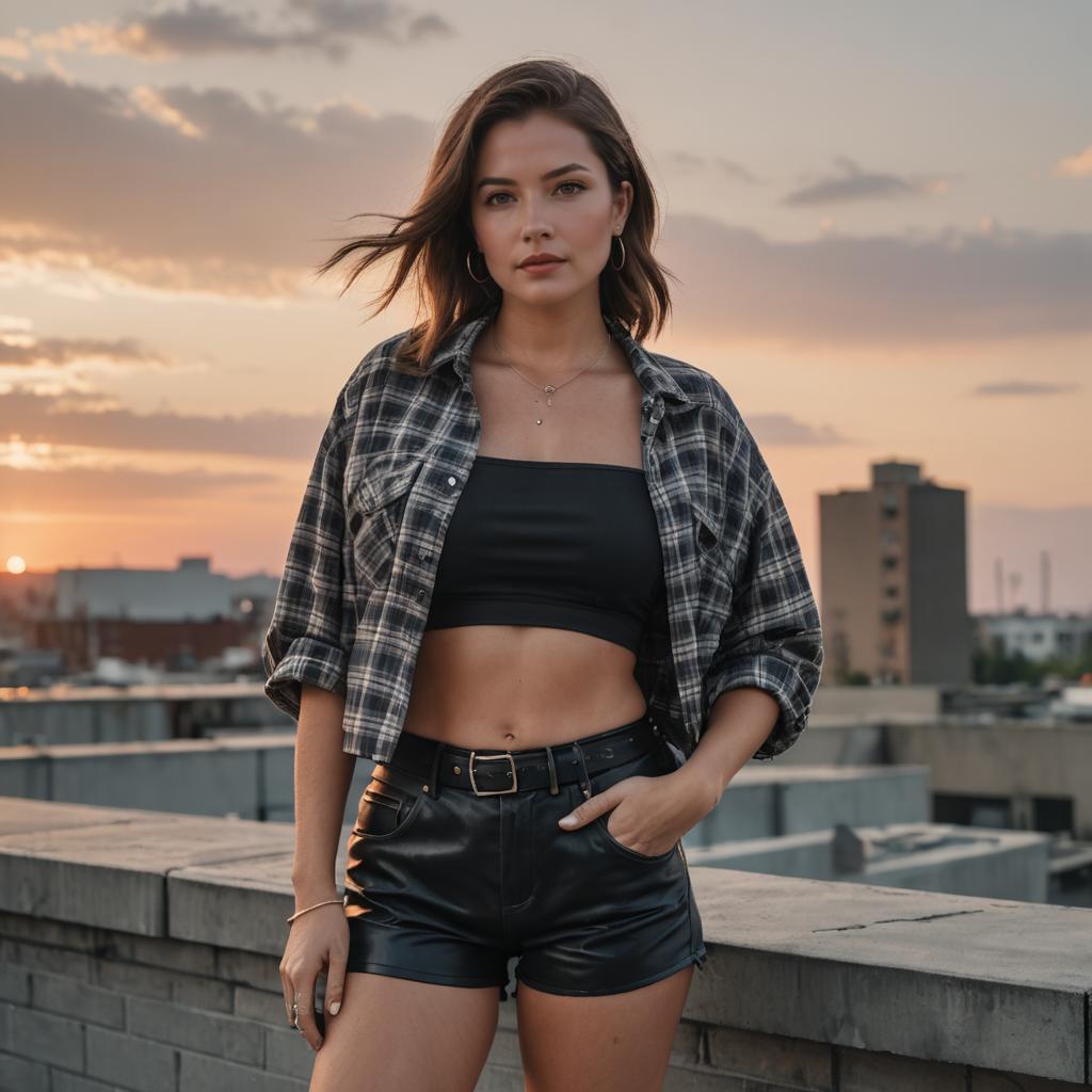 Fashionable Woman in Plaid Shirt and Leather Shorts on Rooftop at Sunset