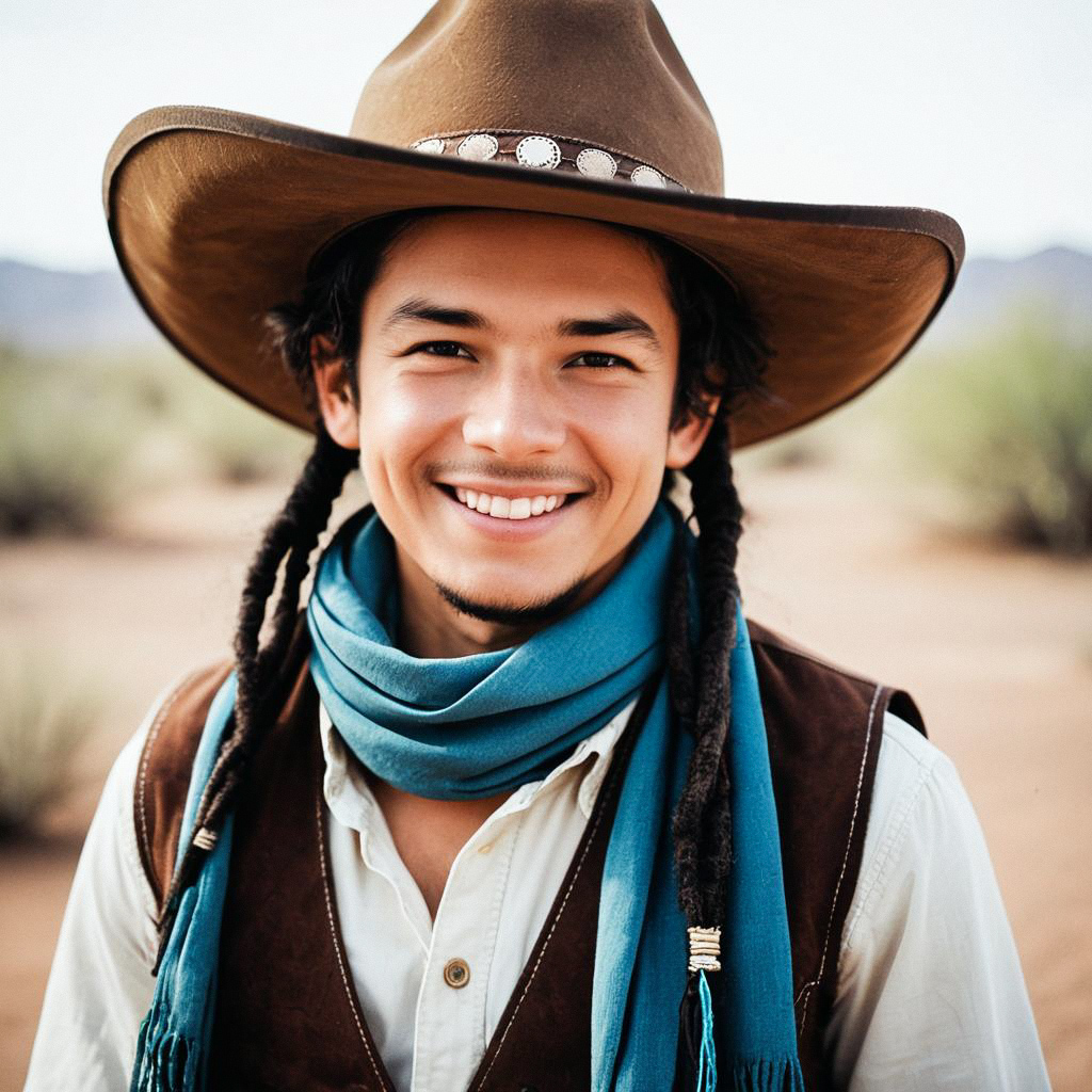 Smiling Young Man in Rustic Cowboy Outfit Smiling Young Man in Rustic Cowboy Outfit