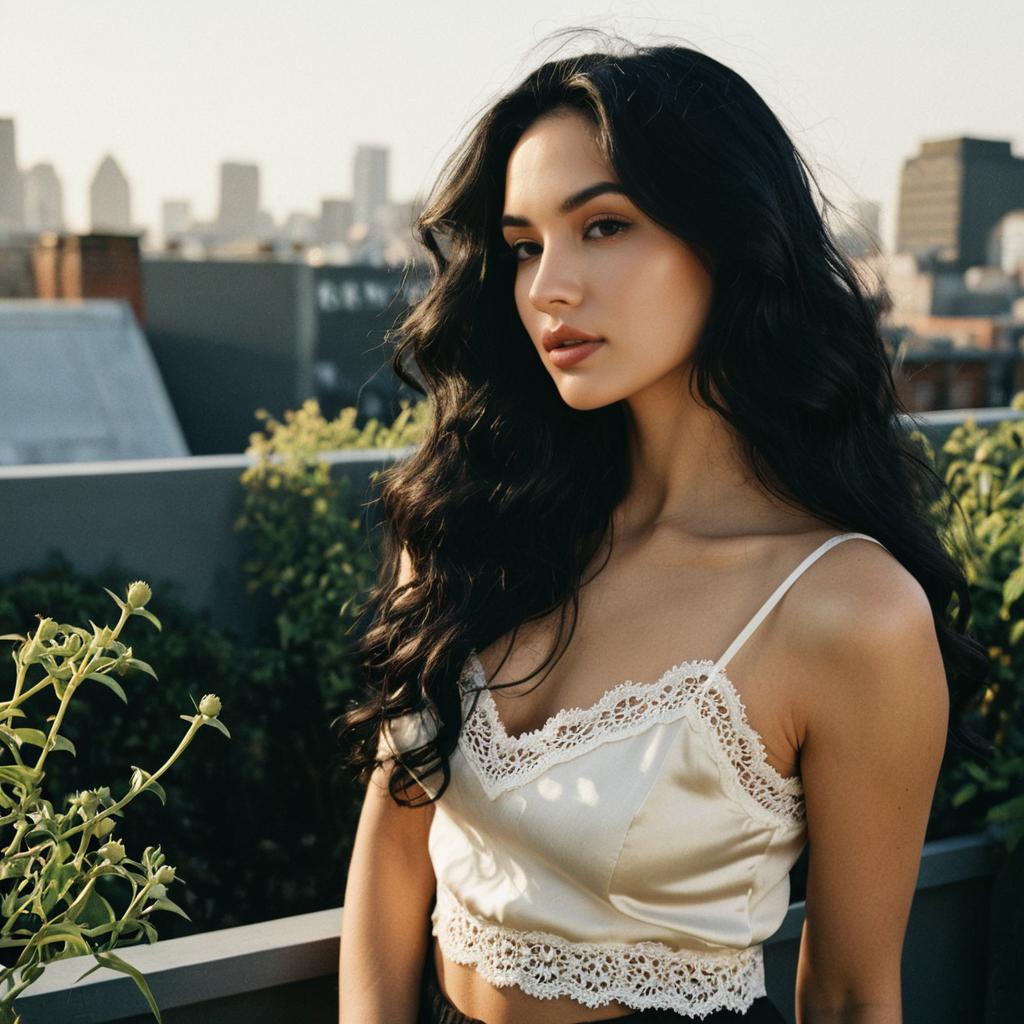 Young Woman in Satin Lace Camisole on Urban Rooftop