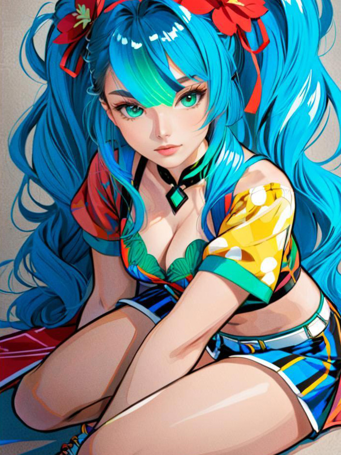 Anime Woman with Turquoise Hair and Green Eyes