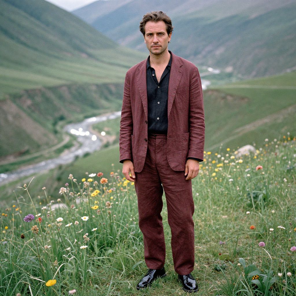 Man Wearing Burgundy Suit in Scenic Mountain Landscape