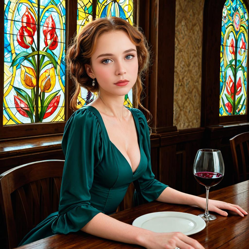 Elegant Woman in Green Dress with Wine at Stained Glass Table