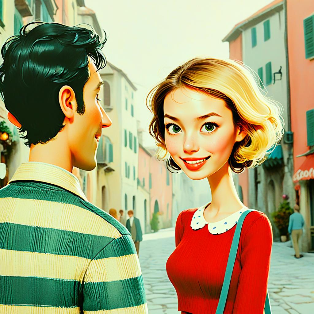Stylized Digital Cartoon Illustration of Smiling Woman in European Street